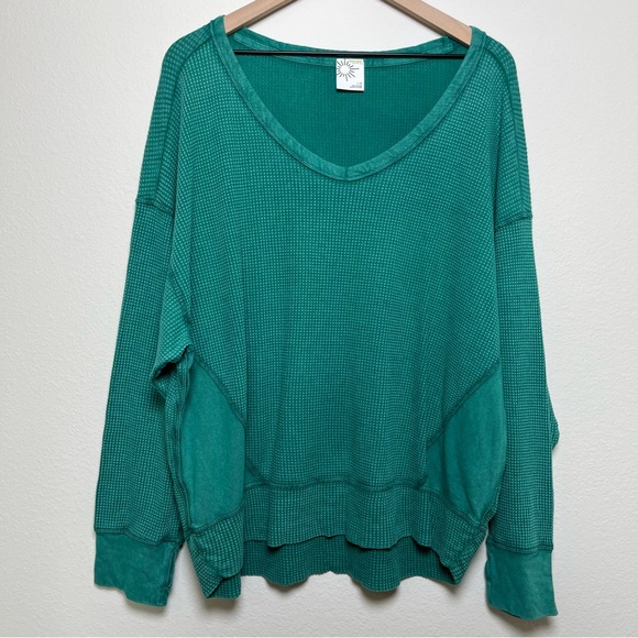 Aerie Offline Women WoW Waffle Knit V-neck Sweater Large Green Goblincore - Picture 1 of 10